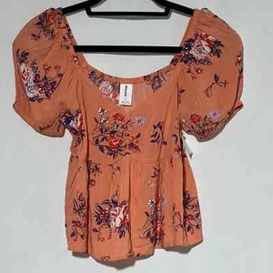 Abound Peach Floral Puff Sleeve Babydoll Top Size S  - Picture 1 of 7