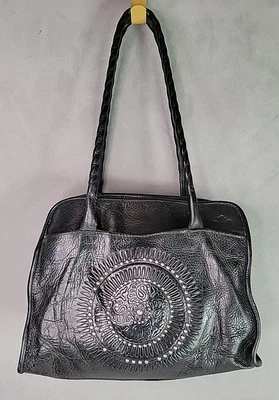 Patricia Nash Satchel Purse Tooled Studded Black Leather 13W x 10H Bottom Studs  - Image 1 of 4