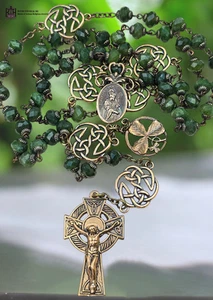St Patrick & Bridget Celtic Heirloom Rosary-Premium Heritage Bronze | Green Jade - Picture 1 of 7