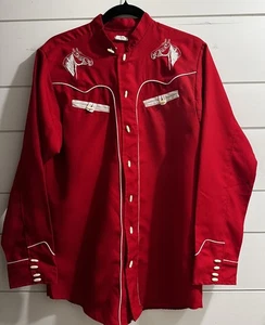 Vintage Bronco Red Western Shirt Embroidered Horse M Rockabilly Rodeo 1970s - Picture 1 of 13