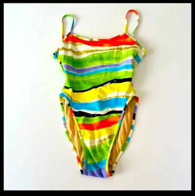 Vintage 80s/90s Ritchie Swimwear Hi Cut One Piece Swimsuit 7/8 Multi Color NWOT - Image 1 of 4