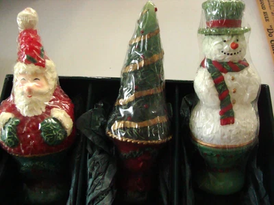 NOB Christmas Topiary Candle Trio-White Barn Candle Co. Santa Snowman & Tree - Image 1 of 4
