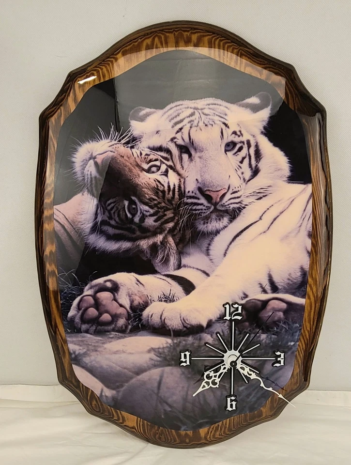 Loren Rothchild Decoupage Wall Clock Tigers Wildlife Art Wood 22x16 Rustic Decor - Image 1 of 4