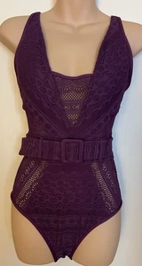 Becca Crocheted One Piece Womens Med Swimsuit Purple Plum Belted Beach Wear - Picture 1 of 6