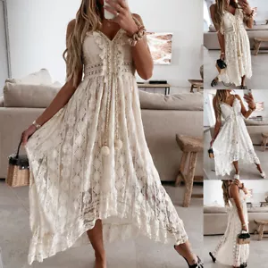 Maxi abito da donna donna boho pizzo collo a V estivo vacanze spiaggia - Foto 1 di 12
