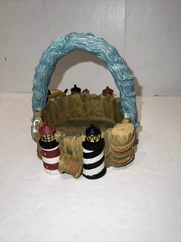 Decorative Nautical Lighthouse Ceramic Basket with Handle with Pink Sand Dollars Cover
