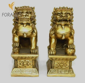 6.5" Chinese Bronze Brass Guardian Foo Fu Dog Phylactery Door Lion Pair Statue - Picture 1 of 4