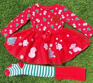 Red Sequin Cute Christmas Pom Pom Tulle Party Dress & Tights 18-24 Months - Picture 1 of 11
