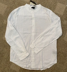 Magaschoni Shirt Designer Long Sleeve Linen Blend Banded Collar Button Men's L - Picture 1 of 3