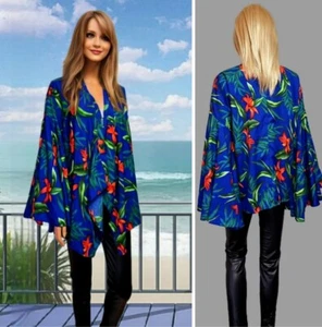 BOOHOO COVER UP BLAZER UK10 BLUE  FLORAL PRINT OPEN FRONT FLARED BELL SLEEVE #18 - Picture 1 of 9