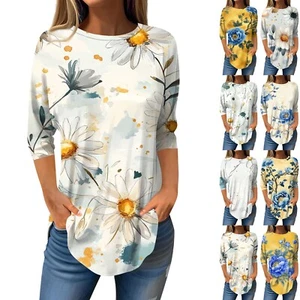 3/4 Sleeve Shirts For Women Cute Tops Graphic Tees Blouses Casual Plus Size - Picture 1 of 36