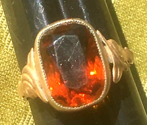 ANILLO MEÑIQUE PLACA ORO MUJER ART DECO FRANCÉS AÑOS 20~VIDRIO CHECO NARANJA FACETADO~5,5 - Imagen 1 de 9