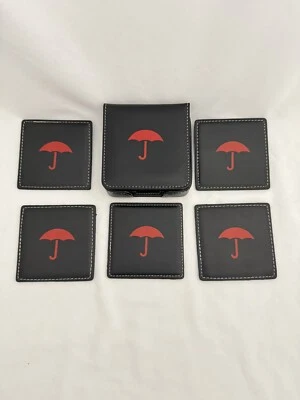 5 posavasos paraguas de cuero negro y rojo con estuche de almacenamiento en caja original Foto 1 de 4