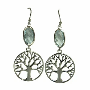 EARRINGS Sterling Silver Tree of Life Earrings with Blue Topaz Stones by S&F - Picture 1 of 4