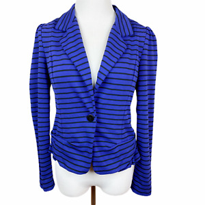Anthropologie Cartonnier Blazer Jacket Women S Blue Black Striped Ruffle Stretch