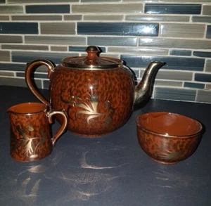Gibson Teapot Cream Sugar Set, Hand Painted Tortoise Shell, Redware Clay England - Picture 1 of 9