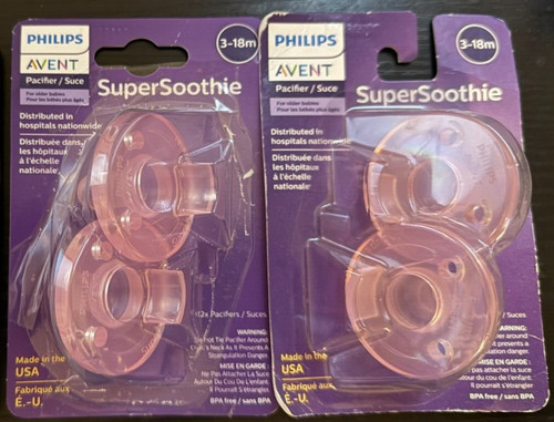 4 Count Avent Super Soothie Pacifier ( 3-18 Months ) Soothies Pink NEW ...