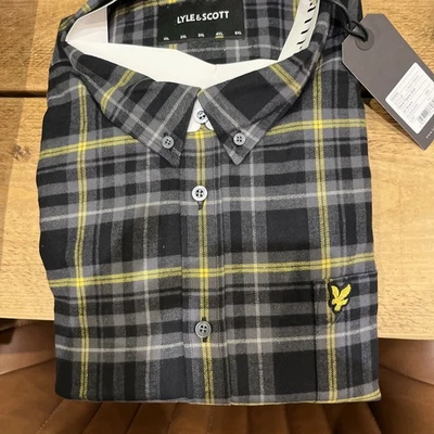 Lyle & Scott Mens Button Up Check Flannel Shirt Long Sleeve Cotton grey  yellow  - Image 1 of 4