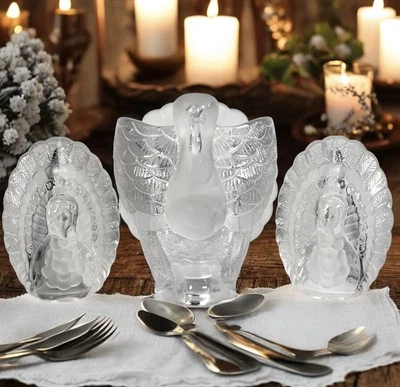 Gorham Turkey Set Gravy Boat Textured Crystal 2 Turkey Salt + Pepper Shakers - Image 1 of 4