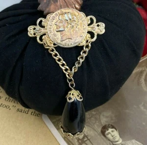 Victorian Revival Victoria Gratia Coin Chatelaine Brooch Black Dangle Drop - Picture 1 of 6