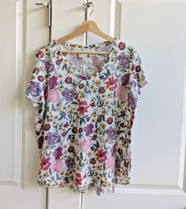 Rachel Zoe Linen Top Women XL White Multicolor Floral V Neck Cap Sleeve T shirt - Picture 1 of 8