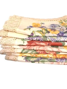 Vintage EUC Chintz Servietten 8-24" gehäkelt Spitze Borte verschiedene Blumen Blockdruck - Bild 1 von 14