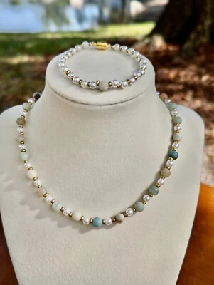 Collar Gargantilla Amazonita Imitación Perla Oro Semilla Cuentas a Mano con Pulsera a Juego Foto 1 de 3