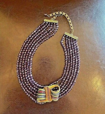 Heidi Daus 复古紫色珠水晶和水钻时尚围兜项链  — 第 1/4 张图片