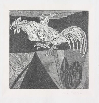 Otto Rohse (1925-2016), signierter Holzstich, Hahn auf dem Dach, um 1960 - Bild 1 von 4