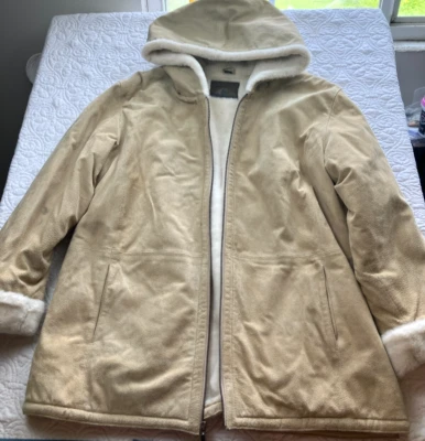 St Johns Bay 尺寸 XL 麂皮绒真皮外套连帽夹克米色人造毛皮线 — 第 1/4 张图片