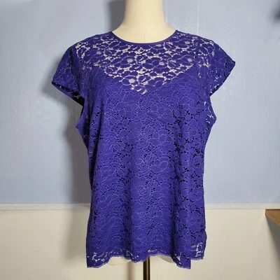 Liz Claiborne Petite Large Blue Lace Overlay Lined Tank Top Cap Sleeve Blouse - Image 1 of 4