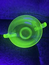 Vintage Depression Green Vaseline Uranium Etched Floral Glass Bowl Handled