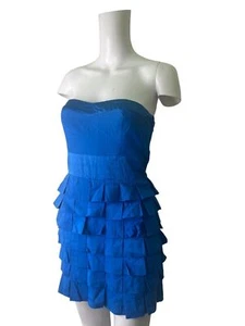 NEW LOOK Dress Size Small 8 Blue SILK & Cotton Bandeau Ruffle Zip Womens EU36 - Picture 1 of 13