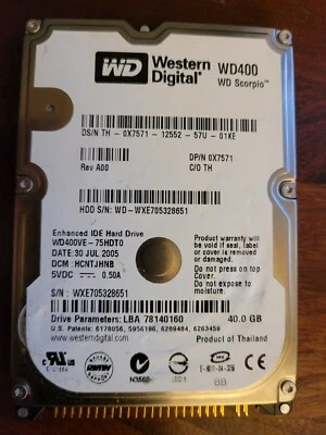 WD400VE-75HDT0, Western Digital 40GB IDE 2.5 Hard Drive - Image 1 of 2