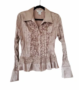 Allison Taylor Womens Satin Tuxedo Top Gold L Crinkle Accordion Pleats Victorian - Picture 1 of 15