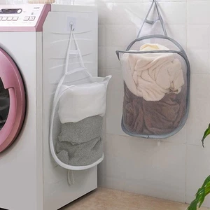 Pop-up Hanging Laundry Hamper Small Mesh Basket 2 Pack Foldable Collapsible Wall - Picture 1 of 7