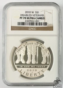 2010-W US $1 Silver Proof Coin DISABLED VETERANS NGC PF70 Ultra Cam ASW ~0.77oz - Picture 1 of 4