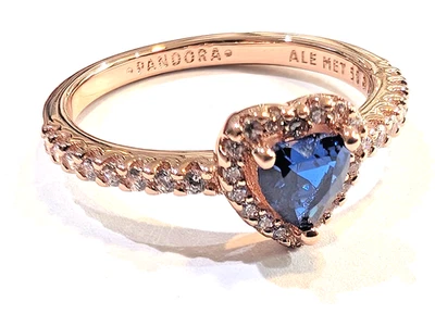 Anillo Pandora ROSA, Corazón Elevado, Cristal Azul, #188421C01, Chapado en Oro Rosa Foto 1 de 4