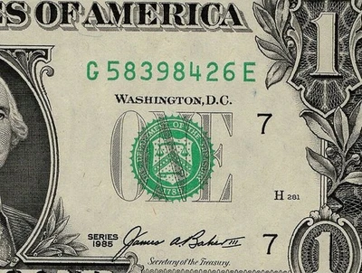 1985 One Dollar $1 Unc Chicago NOTE BU Uncirculated with Red Residue Top Margin - Image 1 of 3