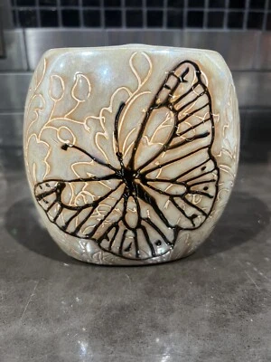 Porta cepillo de dientes marrón mariposa cerámica esmaltada taza grabada monarca floral Foto 1 de 4