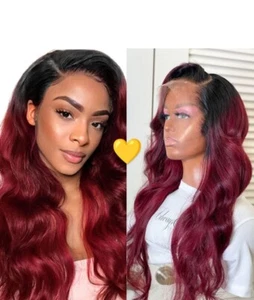 13X4 Body Wave Lace Front Wigs Human Hair Ombre 1B/99J Burgundy 180% Density - Picture 1 of 2