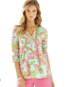 Lilly Pulitzer Dorothy In The Villas Floral Pima Pintuck Henley Tunic Top Sz XS - Picture 1 of 15