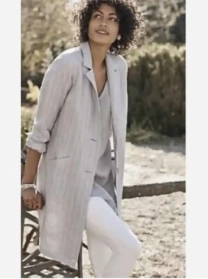 Chaqueta Larga J. JILL Relajada Lino Gris con Rayas Blancas Talla M Foto 1 de 4