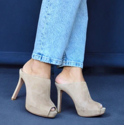 PRADA Beige Suede Open Toe Clog Platform High Heel Mules, Size 38 - Image 1 of 4