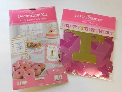 1er Primer Cumpleaños Fiesta Bebé Niña Rosa Banner o Buffet Decoraciones Foto 1 de 2