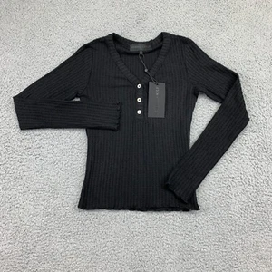Kendall + Kylie Shirt Womens Extra Small Black Henley Long Sleeve V-Neck NEW - Picture 1 of 10