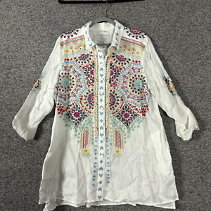 John Mark Women's Size XL Linen Embroidered Long Sleeve Button Up Tunic Shirt