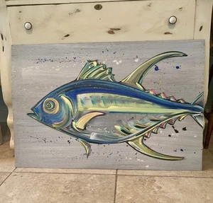 Pintura de peces arte popular Asher Robinson 36”x24” sobre tabla delgada. Arte de playa - Imagen 1 de 8