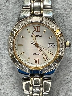 Seiko Solar Women's Watch  V137-0AD0  White Dial, Diamond Bezel, Silver Band  - Image 1 of 4