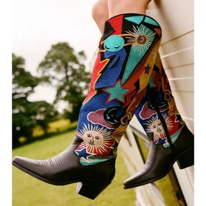 Nasty Gal Embroidered Knee High Western Boots Women's 39/9 Celestial Sun Stars - Picture 1 of 8
